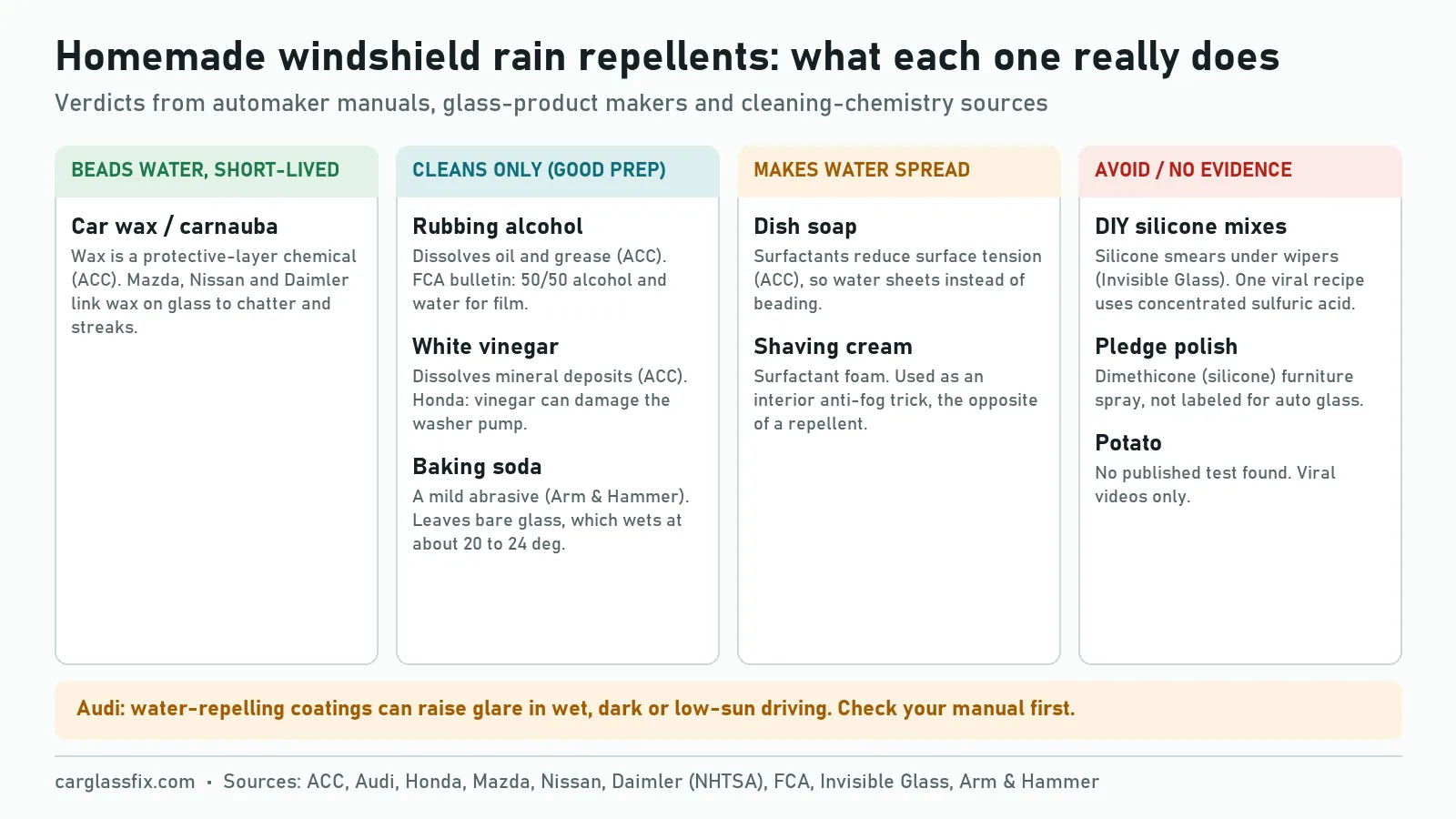 Four-column chart of homemade windshield rain repellents: car wax and carnauba bead water briefly but automakers link wax on glass to wiper chatter and streaks; rubbing alcohol, white vinegar and baking soda only clean the glass; dish soap and shaving cream are surfactants that make water spread; DIY silicone mixes, Pledge furniture polish and potato are rated avoid or no evidence, with an Audi glare warning