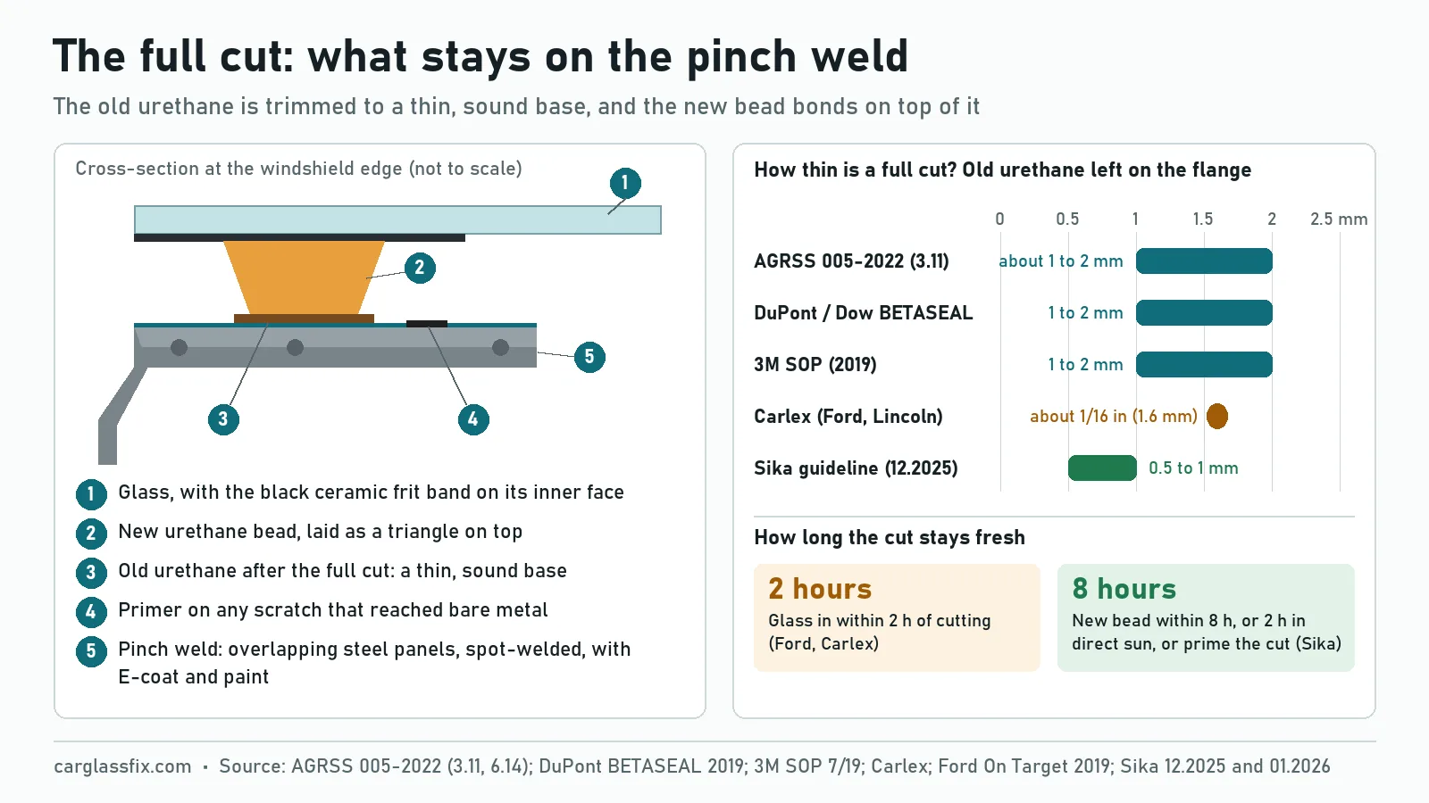 Cross-section of a windshield pinch weld showing the glass, the new urethane bead, the old urethane trimmed to a thin base and the primed steel flange, with full-cut heights: AGRSS about 1 to 2 mm, BETASEAL and 3M 1 to 2 mm, Carlex about 1/16 inch, Sika 0.5 to 1 mm